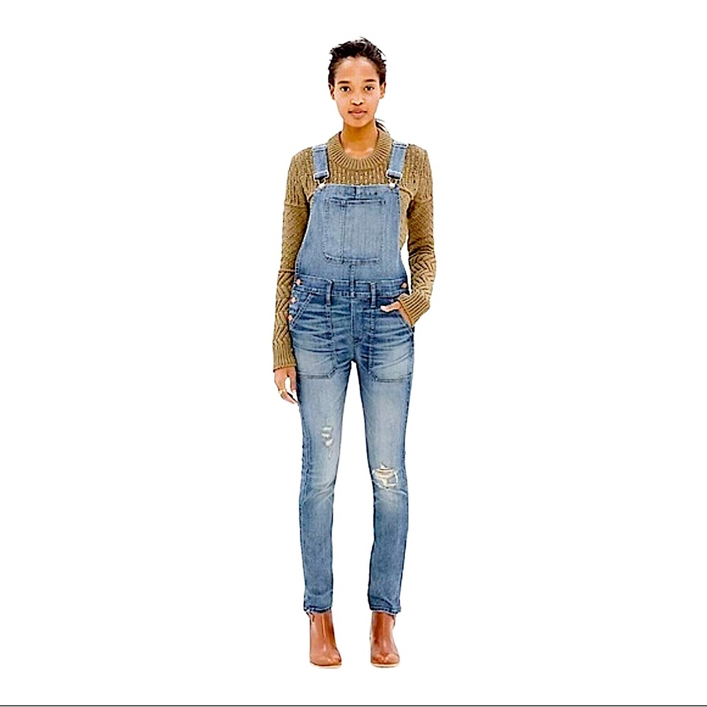Madewell Skinny Denim Overalls in Adrian Wash Distressed Busted Knee Size Small
